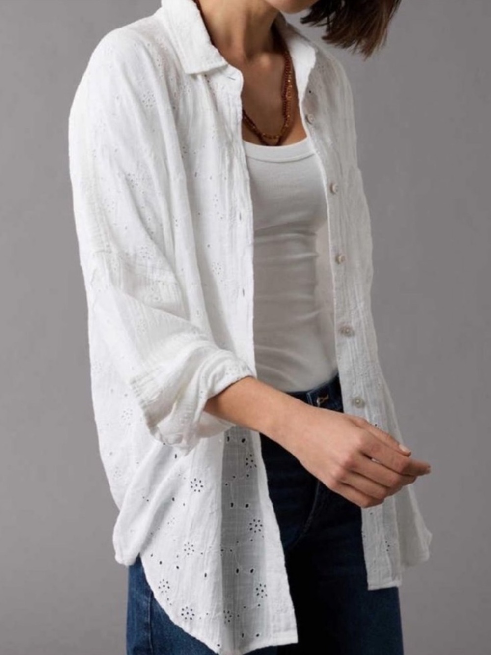 American Eagle Go Big Button Down Shirt XS Oversized Eyelet Embroidered Coastal